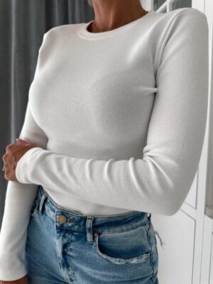 WHITE BASICS Cotton-Derby Ribbed Form-Fitting Long Sleeve Tee