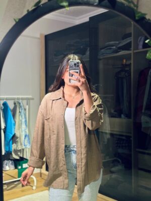 Linen oversized shirt co-ord in dark beige one size