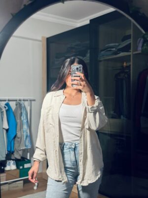 Linen oversized shirt co-ord in beige one size