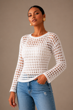 WHITE CROCHET SLASH NECK JUMPER ONE SIZE