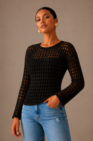 BLACK CROCHET SLASH NECK JUMPER ONE SIZE