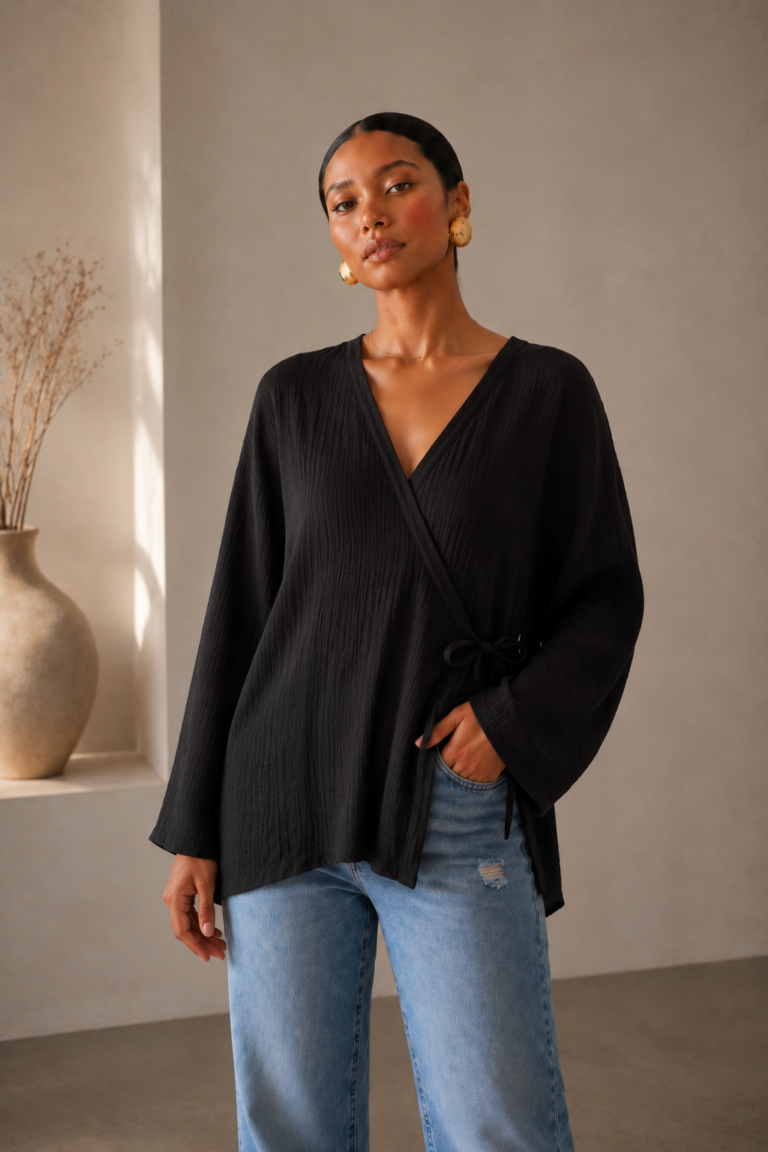 BLACK Oversized Plissé Blouse One Size (50-85kgs)