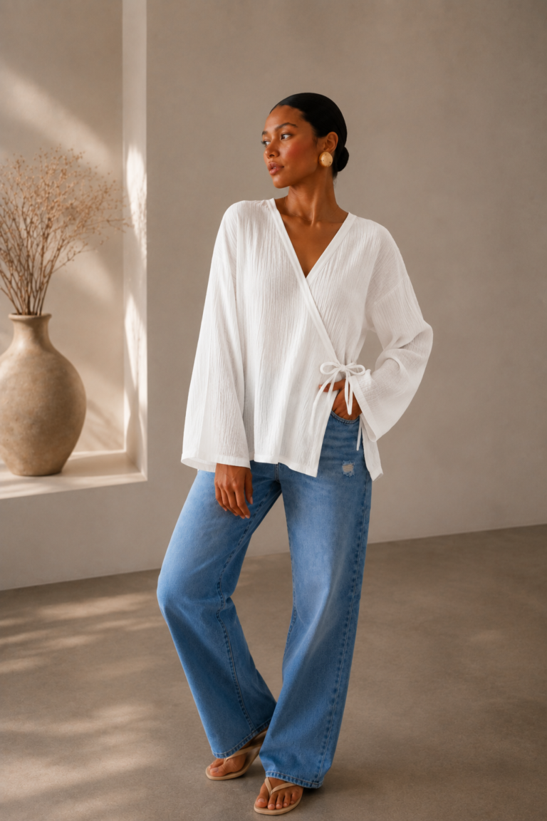 WHITE Oversized Plissé Blouse One Size (50-85kgs)
