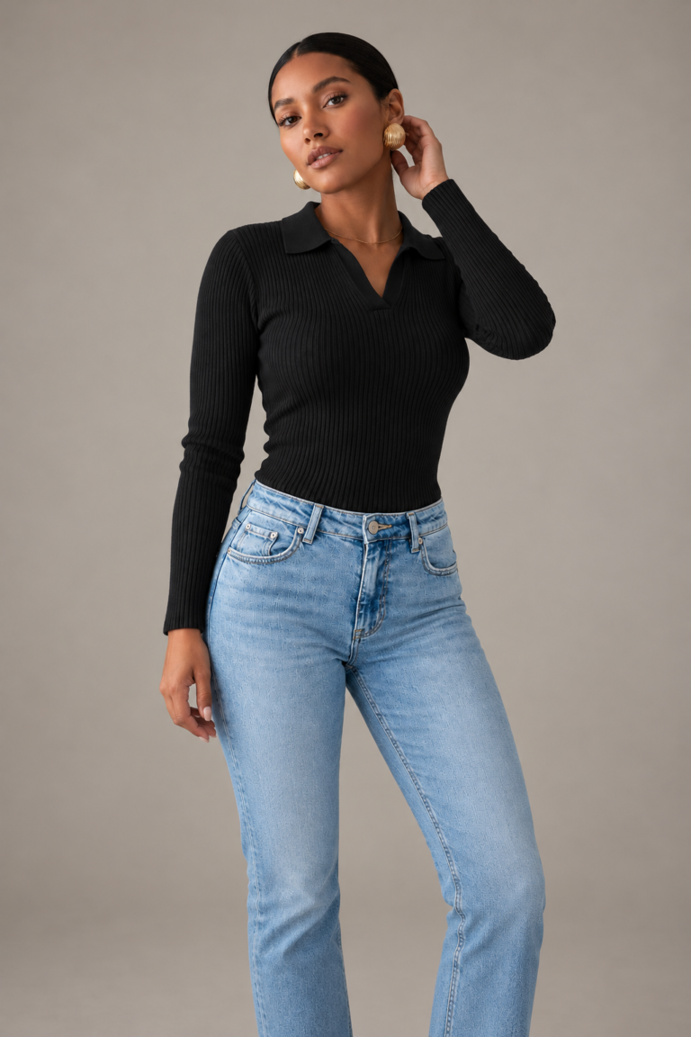 Black Ribbed Polo Top (One Size 50-80kgs)