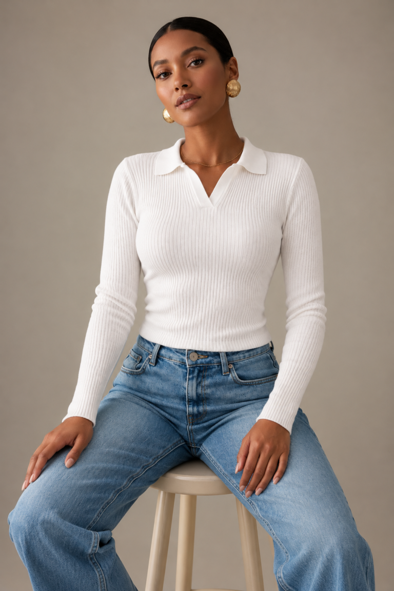 White Ribbed Polo Top (One Size 50-80kgs)