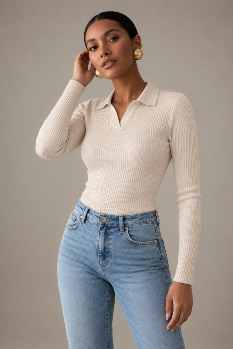 Beige Ribbed Polo Top (One Size 50-80kgs)