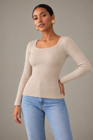 Beige Ribbed Scoop Neck Top (One Size 50-80kgs)