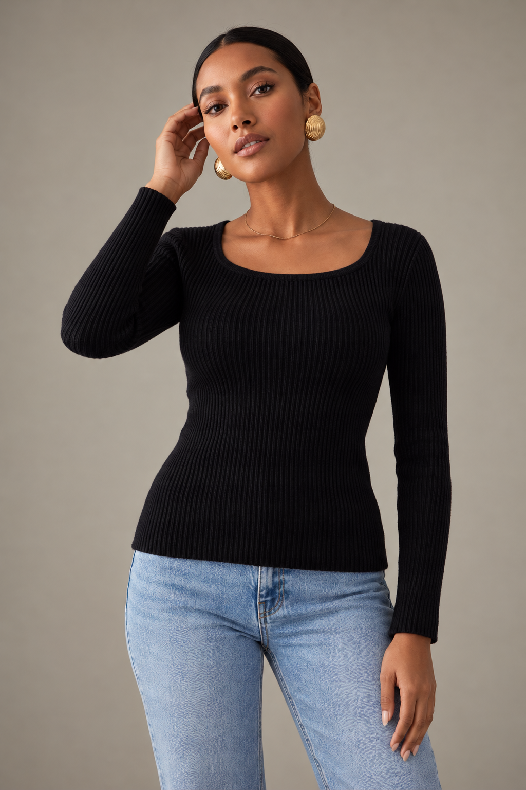 Black Ribbed Scoop Neck Top (One Size 50-80kgs)