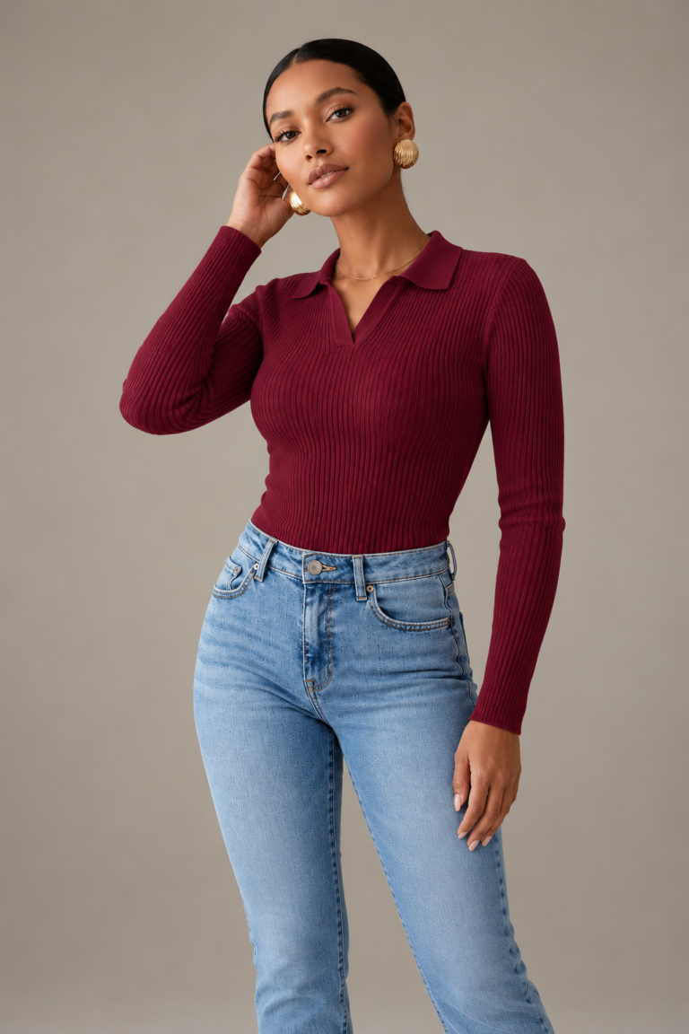 Dark Red Ribbed Polo Top (One Size 50-80kgs)